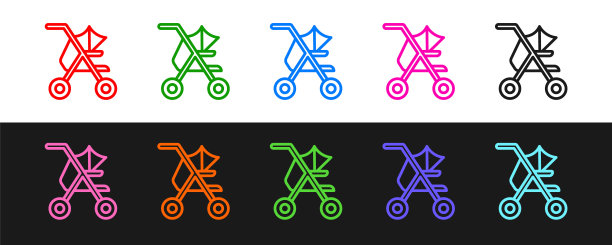 设置线婴儿推车图标隔离在黑白背景。婴儿车，婴儿车，手推车。向量图片下载