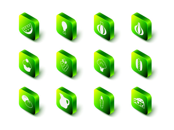 设置鸡腿，洋葱，大蒜，热狗，奶酪，西兰花，胡萝卜和牛奶图标水壶玻璃。向量图片下载