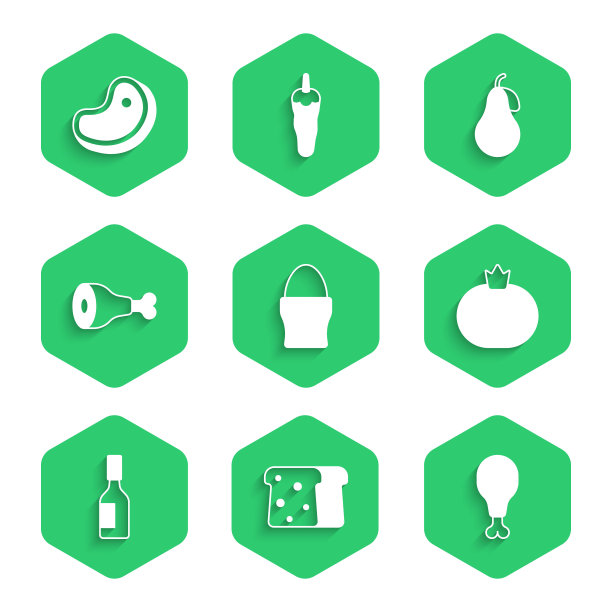 鸡蛋、烤面包、鸡腿、番茄、塔巴斯科酱、梨和牛排图标。向量图片下载