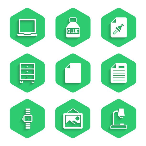 设置文件文件，图片景观，台灯，手表，档案文件抽屉，笔记与按钮和笔记本电脑图标。向量图片下载