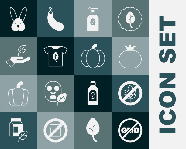 设置无转基因，无麸质谷物，番茄，有机化妆品，素食衬衫，植物手，动物虐待和南瓜图标。向量图片下载