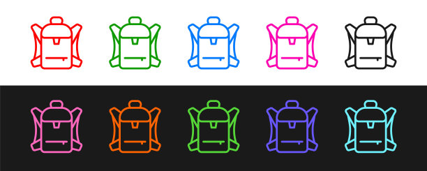 黑白背景上的登山背包图标，露营和山区探险背包矢量素材图片下载