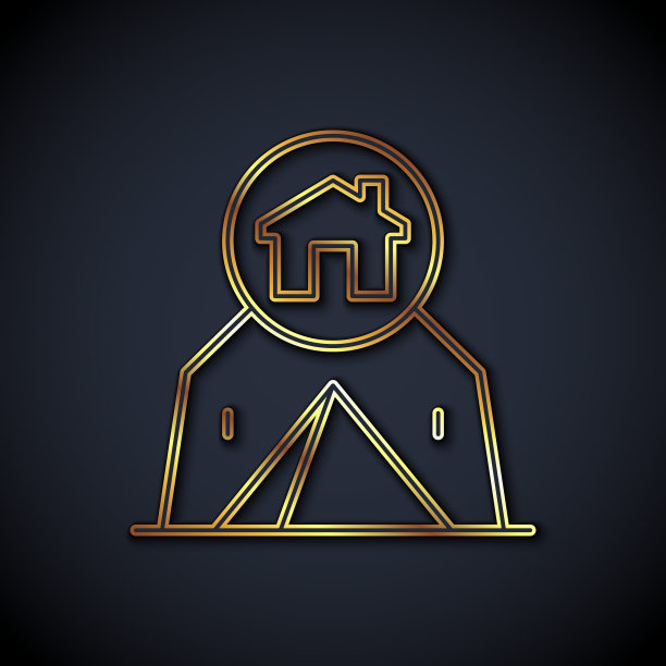 金色线游客帐篷图标孤立在黑色背景。露营的象征。向量图片下载