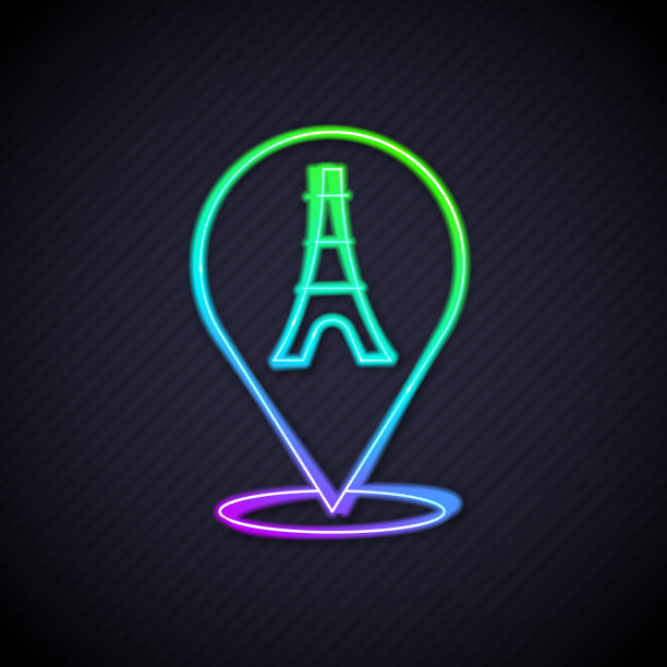 发光的霓虹灯线埃菲尔铁塔图标孤立在黑色背景。法国巴黎的地标标志。向量图片下载