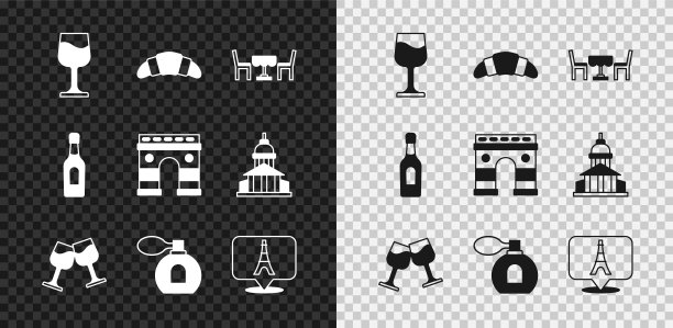 红酒杯，羊角面包，法式咖啡，香水，埃菲尔铁塔，香槟瓶和凯旋门图标。向量图片下载