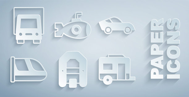 集漂流船，汽车，火车和铁路，房车露营拖车，潜艇和货运卡车图标。向量图片下载