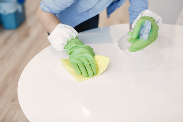 带着海绵和橡胶手套的女人在打扫房子图片下载