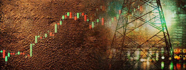 市场股票图表和信息与城市照明电力和能源设施行业在金属墙的商业旗帜背景图片下载