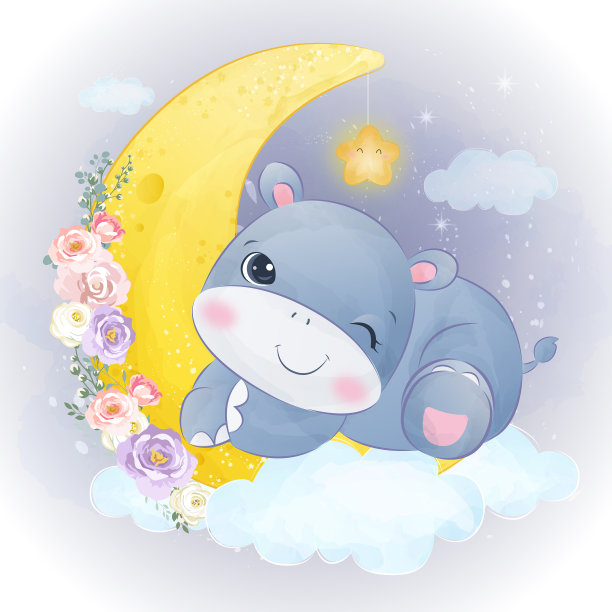 水彩画里可爱的小河马图片下载