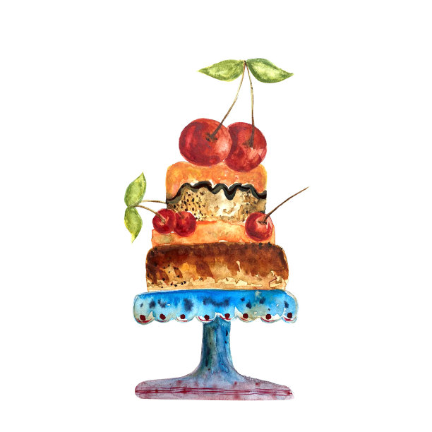 水彩画蛋糕和樱桃浆果图片下载