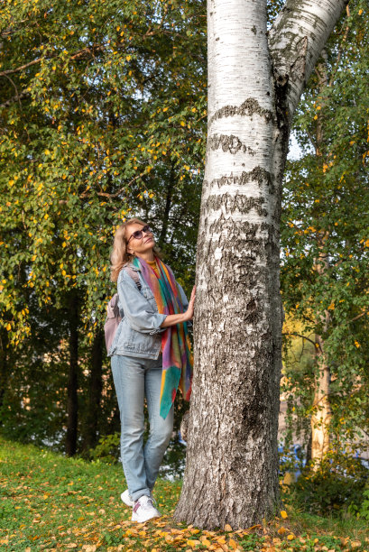 一个成熟的女人穿着牛仔套装背着背包在一棵高大的桦树旁散步。健康的生活方式的概念。图片下载