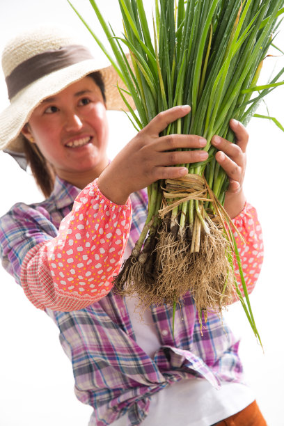 中年女人拿着一捆小葱图片下载