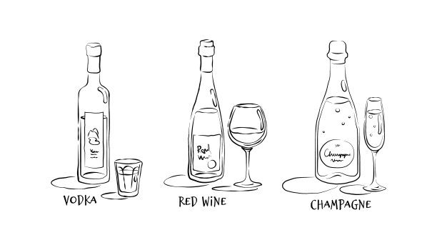伏特加，香槟，红酒，酒瓶和酒杯在手图片下载