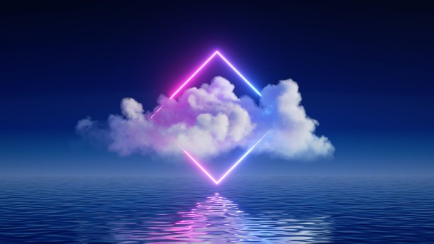 三维渲染，抽象的霓虹灯背景与云，发光的菱形框架和水。美妙的海景图片下载
