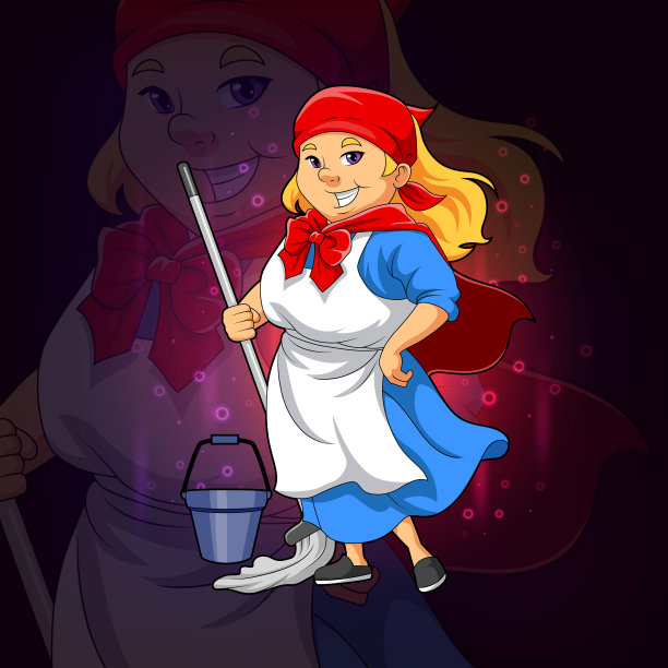 超级女仆拿着拖把，为电子竞技标志设计图片下载