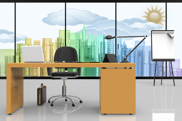 办公室办公桌与城市视图-3D插图图片下载