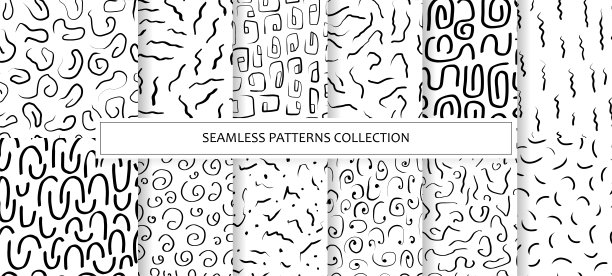 集合了抽象形状、线条、条纹、螺旋和笔画的无缝图案。背景墨水，手绘风格的马克笔。北欧风格的自然纹理插图。向量图片下载