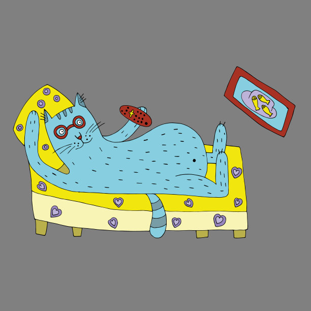 一只有趣的猫在看电视，手里拿着电视遥控器。向量图片下载