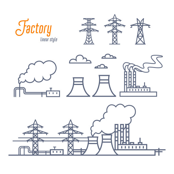 能源工厂或工业工厂图标设置。各种电力厂房、输电塔。轮廓风格矢量插图上的白色背景图片下载
