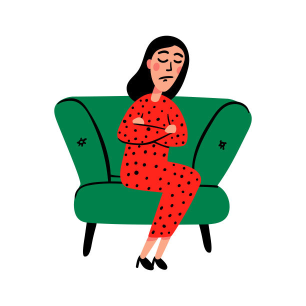 沙发上一个悲伤的年轻女人。疲惫不安的人在压力下进行心理咨询。涂鸦风格平面矢量插图图片下载