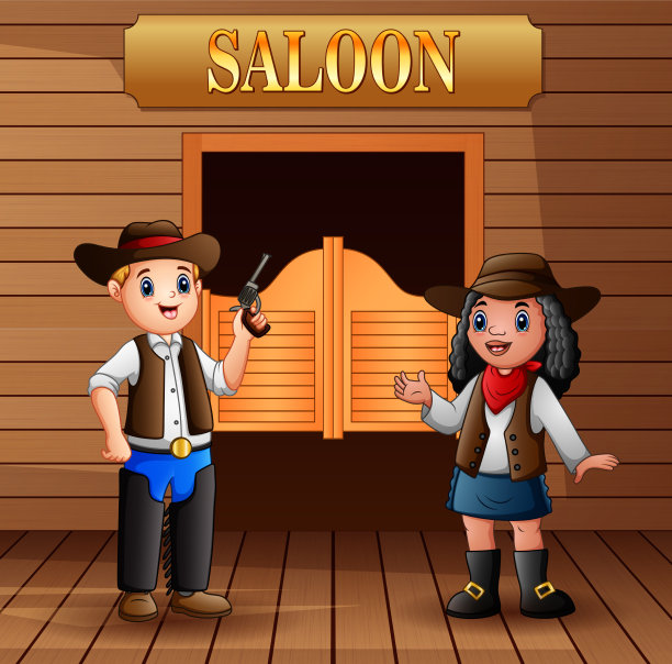 牛仔和女牛仔站在酒吧前图片下载