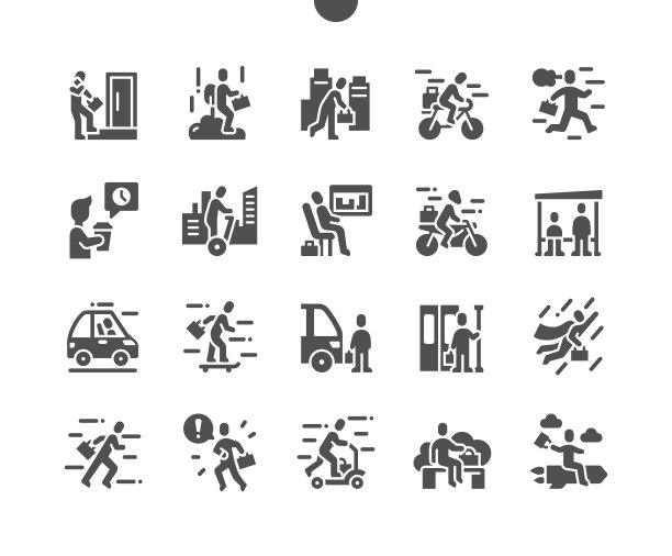 人们去工作。回到办公室。骑自行车上班的人。去工作。骑摩托车。男人开车。矢量图标。简单的象形图图片下载