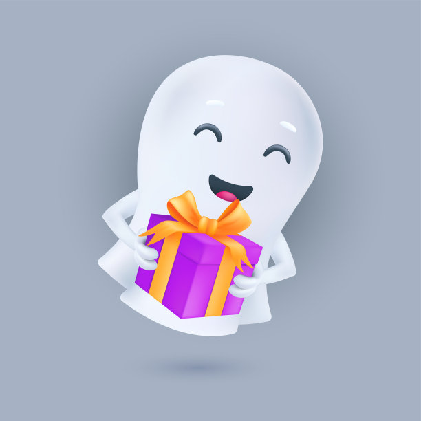 可爱的微笑白鬼，手里拿着礼盒。万圣节快乐。友好的幻影图标。微笑的3 d角色。向量插图的灵魂在白色纺织布孤立在一个光的背景图片下载