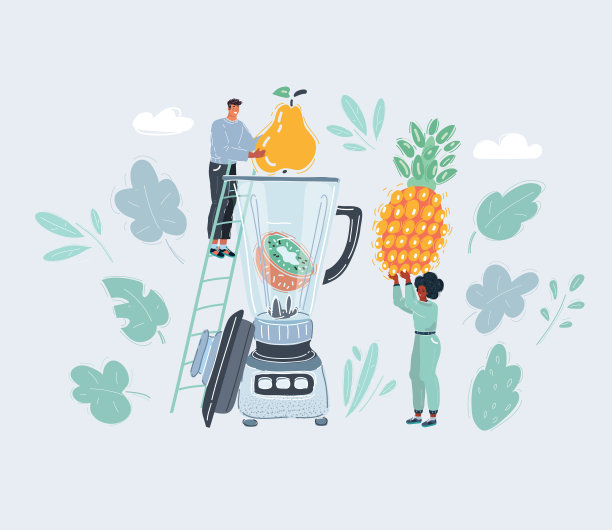 矢量插图的新鲜混合水果在大搅拌机。人们在白色背景下制作冰沙。图片下载