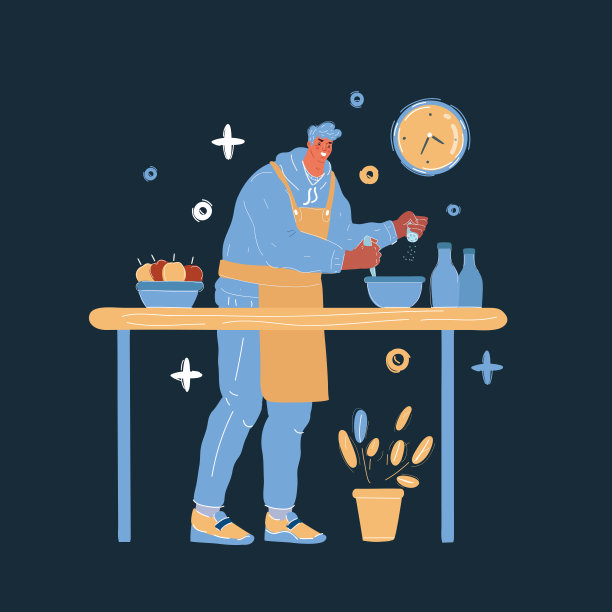 向量插图的人做饭在家里。人物在黑暗的背景。图片下载