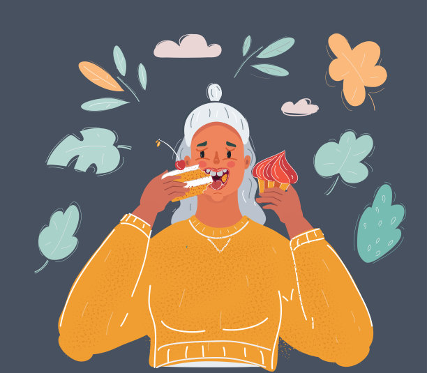 矢量插图的女人吃蛋糕在黑暗的背景。图片下载