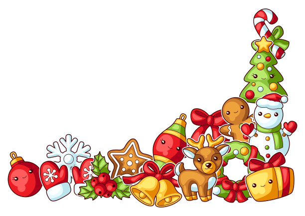 甜蜜快乐的圣诞装饰元素。可爱的角色和符号。卡通风格的假日背景。素材图片