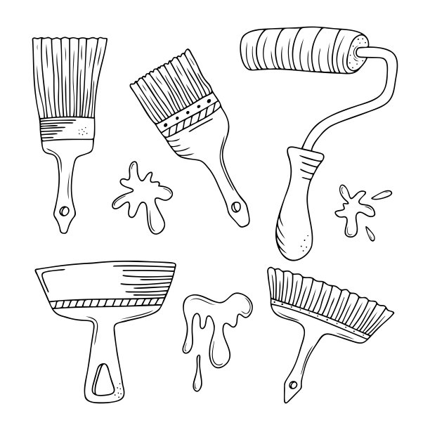 一套手画的油漆刷和辊，施工抹刀，斑点孤立在一个白色的背景。涂鸦，简单的轮廓插图。可用于纺织品、纸张的装饰。图片下载