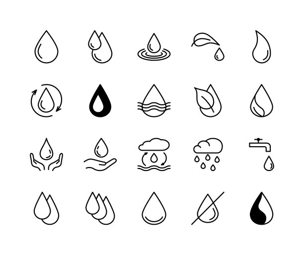 水滴平线图标设置。雨滴，水循环，眼泪，雨水，飞溅的符号。简单的平面矢量插图诊所，网站或移动应用程序图片下载