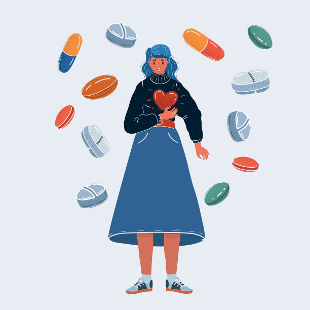 矢量插图年轻女子遭受心痛。她身边有很多药和药片。图片下载