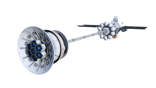 带有太阳能电池板的宇宙飞船，飞行中的外星不明飞行物宇宙飞船被隔离在白色背景上，后视图，3D渲染图片下载