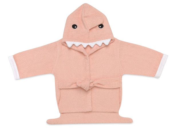 俯视图粉红色柔软的婴儿睡袍与可爱的鲨鱼帽，孤立图片下载