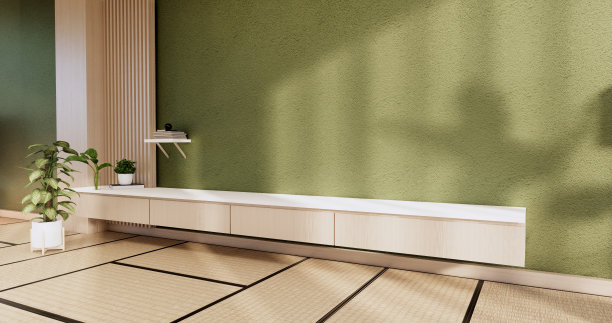 日本极简主义客厅室内橱柜木质展示设计，3D效果图图片下载