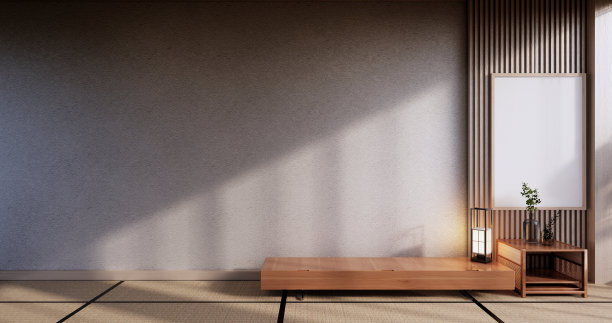 柜式木质设计，现代日式房间。三维渲染图片下载