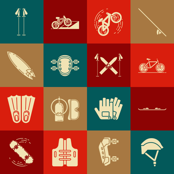 设置自行车头盔、滑雪板、护膝图片下载