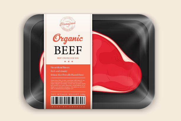 优质牛肉包装。载体肉塑料托盘容器与玻璃纸盖。包装设计标签。现代印刷和手绘奶牛剪影背景布局。孤立。图片下载