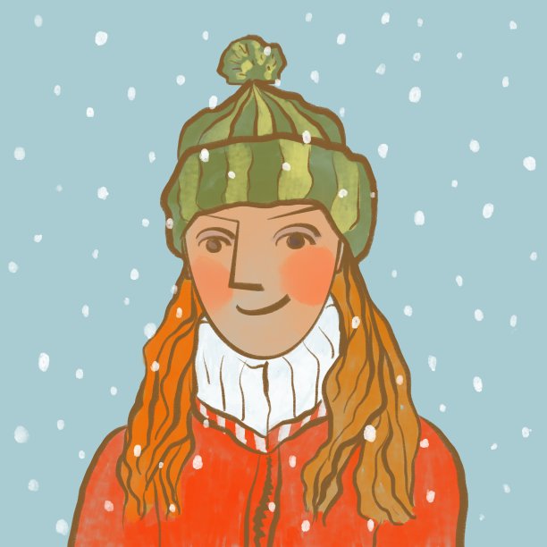 红发女孩戴着帽子，穿着外套，站在飘落的雪花下图片下载