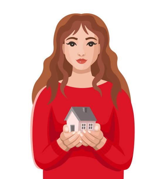 年轻的女人把房子握在手里。租赁购房概念，抵押贷款，房地产保险和银行业务。卡通风格图片下载