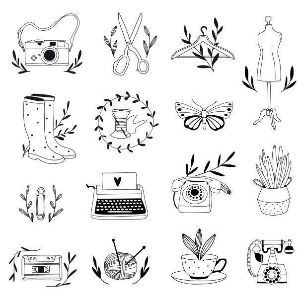 复古的花卉设置简单的花卉图标图片下载