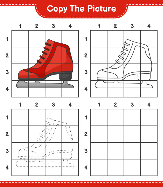 复制图片，使用网格线复制溜冰鞋的图片。教育儿童游戏，可打印的工作表，矢量插图图片下载