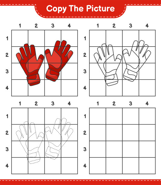 复制图片，使用网格线复制守门员手套的图片。教育儿童游戏，可打印的工作表，矢量插图图片下载