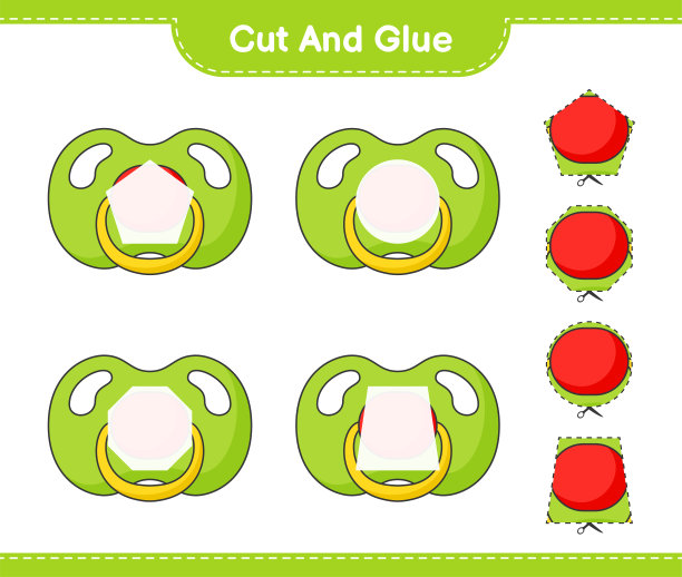 切割和粘合，将奶嘴的部分切割并粘合。教育儿童游戏，可打印的工作表，矢量插图图片下载
