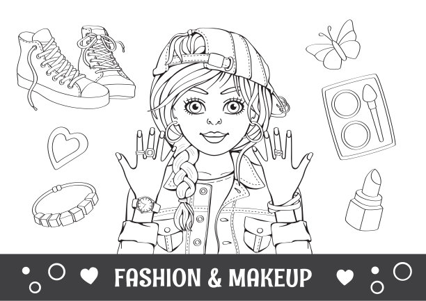 线性铅笔绘图。抗压力涂色书或页。时尚的女孩，时尚的发型，化妆和珠宝。现代的公主。禅宗纠结的风格。娃娃和玩具。对儿童插图。向量图片下载