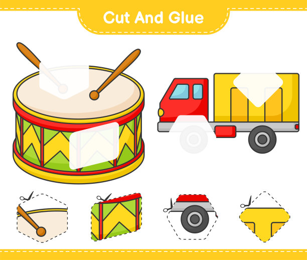 切割和胶水，切割部分的卡车和鼓。和胶水。教育儿童游戏，可打印的工作表，矢量插图图片下载