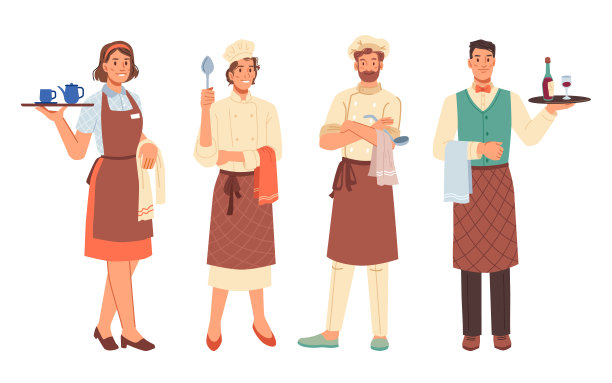 职业工人，女人和男人，厨师和服务员孤立的单调的卡通人物。带病厨师，烹饪和餐厅的专业工作者，穿着制服，带着围裙和帽子，拿着托盘图片下载