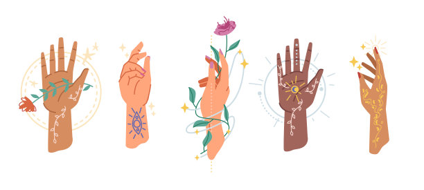 魔法纹身符号符号在手，治愈药草孤立扁平卡通图标。矢量魔法手掌捧花，现代深奥元素，精神神秘巫术手臂与波西米亚曼海蒂图片下载